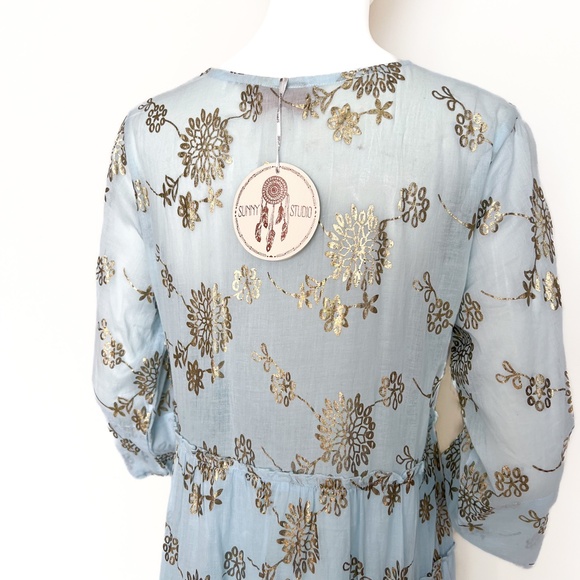 NWT | Sunny Studio French Designer Cotton Tiered Maxi Summer Dress Sky Blue Gold - Picture 9 of 14